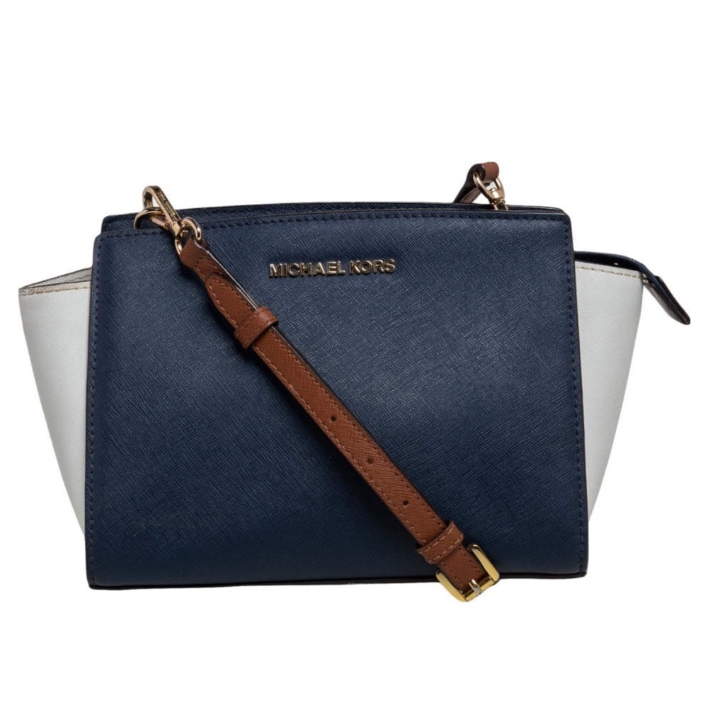 Michael Kors Navy Blue/White Saffiano Leather Selma Mini Tote Crossbody Bag